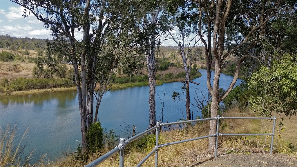 View of the Brisbane River through gum trees from Kholo Gardens