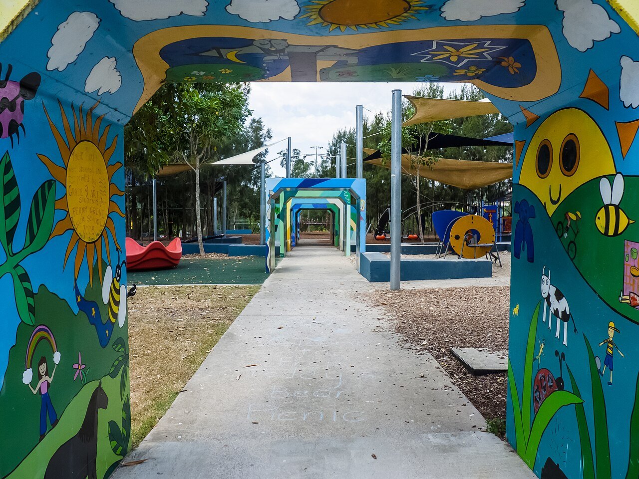 Painted entrance arch to the playground at Upper Kedron Recreation Reserve